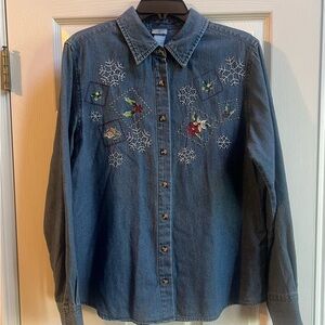 Holiday Editions Blue Denim embroidered Christmas Shirt